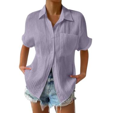 Imagem de Blusa feminina casual de verão com botões, gola manga curta franzida, blusa leve com bolso Senhoras Túnica Bolso frontal Verão havaiano feminina de feminino Cor Sólida Pura O83-Roxo X-Large