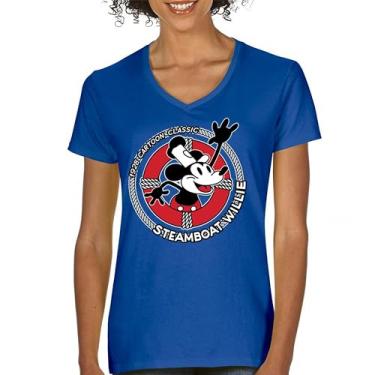 Imagem de Camiseta feminina Steamboat Willie Life Preserver gola V engraçada clássica desenho animado praia Vibe Mouse in a Lifebuoy Silly Retro Tee, Azul, P
