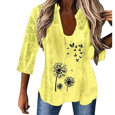Imagem de Blusas femininas de malha de renda para sair, blusas fofas de manga curta, blusas casuais de verão, camisas boêmias, túnica formal, Amarelo, M