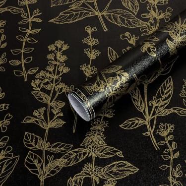 Imagem de Micpolo Descole e cole papel de parede preto e dourado papel de parede floral para armários quarto banheiro papel de parede removível autoadesivo forro de prateleira decoração de quarto vinil 198 x