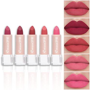 Imagem de evpct Conjunto de batons foscos de 5 cores, batons de alto impacto com fórmula cremosa e hidratante suave, pigmento à prova d'água macio fosco fino batom kit de presente 03,0,123 g (3,5 g) - 5 peças