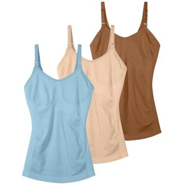 Imagem de Regatas de amamentação sem costura para mulheres amamentando – Camisetas de maternidade para gravidez (pacote com 3), Bege, ocre e azul, XXG