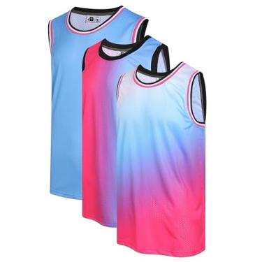 Imagem de D DEHANER Pacote com 3 camisetas masculinas de basquete em branco malha desempenho atlético, uniformes esportivos, camisetas a granel, Azul claro/rosa/gradiente, GG