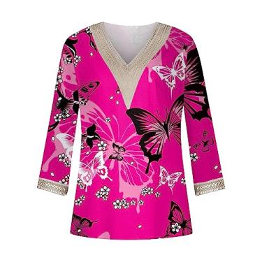 Imagem de Camisetas femininas com manga 3/4 com decote em V floral 2024, camisetas femininas casuais com acabamento em renda, blusas femininas elegantes e casuais, Vermelho 6, G