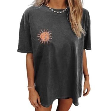 Imagem de Remidoo Camiseta feminina gola redonda manga curta casual engraçada fofa camiseta feminina tie dye sol e lua, Cinza escuro - T, P