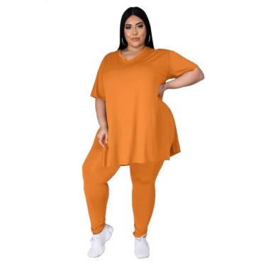 Imagem de Tycorwd Conjuntos femininos plus size de duas peças roupas de verão camisetas grandes conjuntos de moletom longos conjuntos de moletom, Laranja, 1X-Large