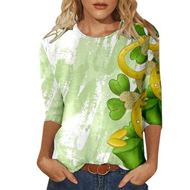 Imagem de Camiseta feminina St Pattys Day Lucky Shamrock verde túnica moda casual blusas manga 3/4, Amarelo, P