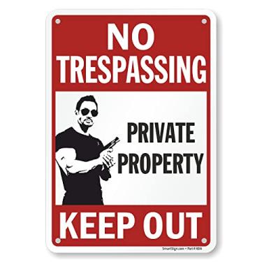 Imagem de SmartSign Placa de metal "Private Property Keep Out No Trespassing" de 25,4 x 17,8 cm com gráfico do proprietário da arma, alumínio laminado à prova de ferrugem de 40 mm, vermelho, branco e preto