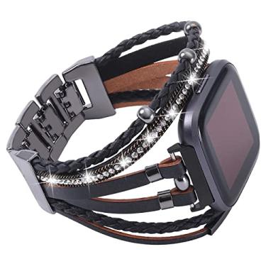Imagem de Bandas de couro Posh compatíveis com Fitbit Versa/Fitbit Versa Lite/Fitbit Versa 2 Bandas para mulheres, pulseiras feitas à mão com envoltório multicamadas pulseira para pulseira Fitbit Versa Smart Watch (preto)