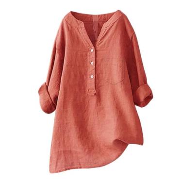 Imagem de Camiseta feminina de linho Henley Pocket Blusas Plus Size manga longa cor sólida verão túnica, Laranja, G