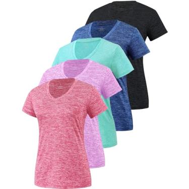 Imagem de Pacote com 5 camisetas femininas de manga curta dry fit com absorção de umidade atlética gola V, Preto1/Azul-marinho/Azul/Roxo/Rosa, G