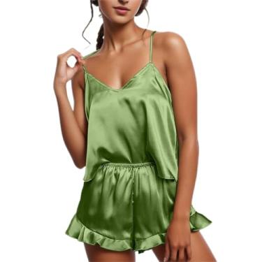 Imagem de Aniywn Lingerie feminina de cetim, conjunto de pijama sexy, conjunto de pijama feminino, conjunto de pijama curto com shorts, A4 - Verde menta, M