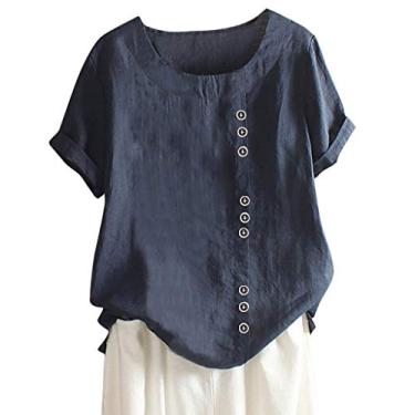 Imagem de Blusas femininas de linho de algodão 2024 gola redonda manga curta boho blusas estampadas vintage camisas soltas casuais, C - Azul-marinho, P