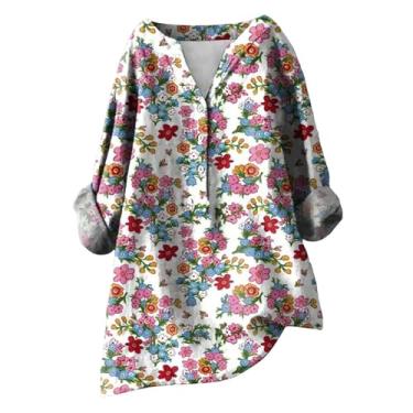Imagem de Camiseta de verão feminina de linho com estampa floral, manga comprida, gola V, botão, blusa de férias, Vermelho, 4G