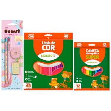 Imagem de Material Escolar Lápis de Cor 48 Cores + Canetinha 12 Cores + Kit Temático com Lápis Grafite Apontador e Borracha (Donut)