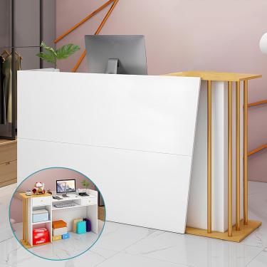 Imagem de Balcão de recepção com balcão, balcão de recepção moderno com gavetas e prateleiras de armazenamento, mesa de computador de escritório com grande armário de armazenamento, para lobbies salão