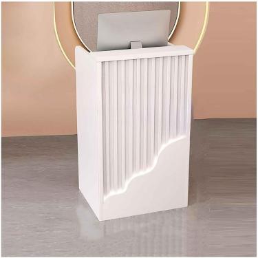 Imagem de Balcão de recepção pequeno com balcão e prateleiras abertas Balcão de varejo moderno com gavetas Balcão de recepção para loja de hotel, branco, 80 * 40 * 96 cm