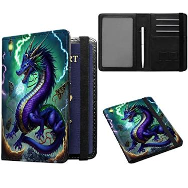 Imagem de JANENFNA Porta-cartão de passaporte e vacina, carteira de viagem, bloqueio de RFID, capa de couro PU com compartimento protetor de cartão de vacina com caneta, para mulheres e homens, Dragão azul,