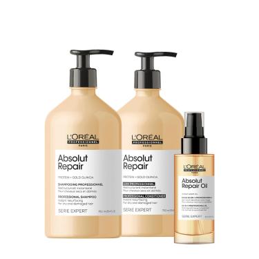 Imagem de Kit L'oréal Professionnel Absolut Repair Gold Quinoa Protein Shampoo Condicionador E Óleo (3 Produtos)