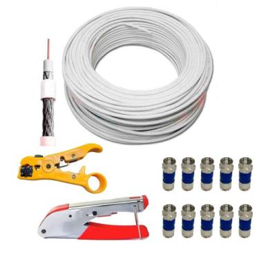 Imagem de Kit Cabo coaxial 50 Metros 95% malha + 10 Conector Rg6 e Alicate de co