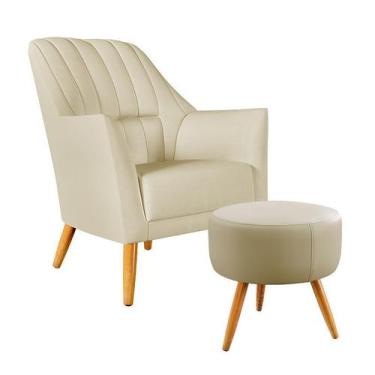 Imagem de Poltrona Orion Bordada com Puff Solar Para Sala de Estar Sued Bege Ara