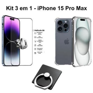 Imagem de Kit para Iphone 15 Pro Max  Capinha Transparente + Película 3D de Vidr