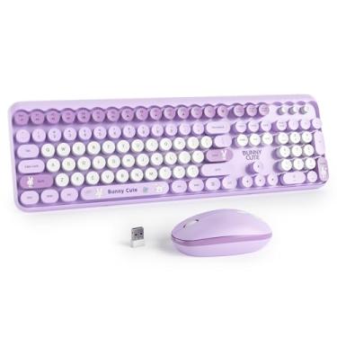 Imagem de Ussixchare Combo de teclado e mouse sem fio, lindo teclado de máquina de escrever com teclado numérico, teclado de tamanho completo de 2,4 GHz para PC, laptop, Windows (Roxo)