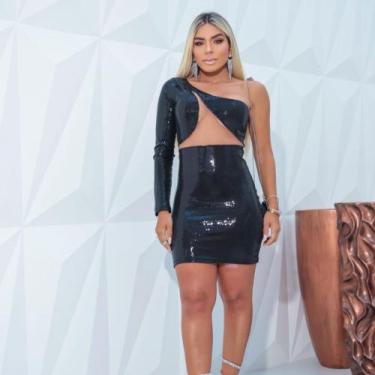 Imagem de Vestido paetê bojo um ombro só manga longa recorte triângulo tule. - F