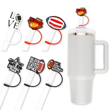 Imagem de Capa de silicone para canudos de futebol, 6 peças, para copo de copo, artigos de festa de aniversário, decorações de lembrancinhas, canudos de 10 mm, chapéu para canudos reutilizáveis e tampas de