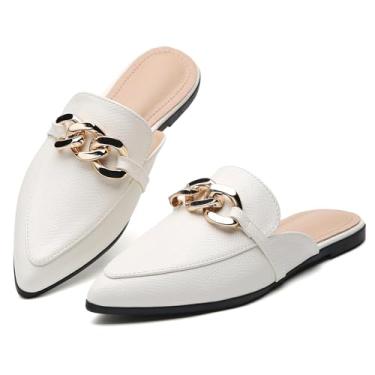 Imagem de EasySmile Mules planas para decoração de corrente de metal para mulheres, bico fino, fechado, mocassins sem cadarço, sem costas nuas, sapatos mules, Corrente de metal - cobra branca P, 35