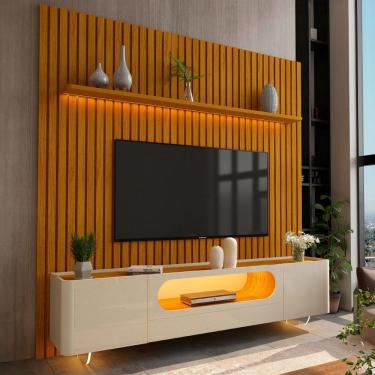 Imagem de Rack com Painel para TV Até 85 Polegadas Nobre 2 Portas Ripado 100% Mdf com Vidro Naturalle/Off White - Gelius