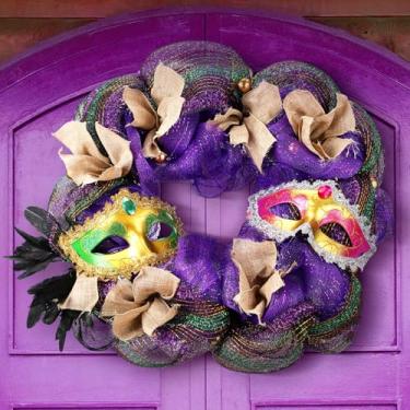 Imagem de Dingion Guirlanda de carnaval de carnaval 50 cm máscara veneziana flor de lis coroa de malha roxo verde ouro grinalda de festa decoração de casa