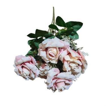 Imagem de Buquê De Rosas Flores e Folhagens Artificial C/ 7 Rosas - Doce Ternura
