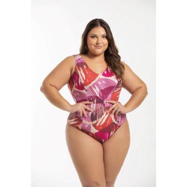 Imagem de Maiô Regata Com recortes Estampado Plus Size - Cor De Cacau, 52, Folha