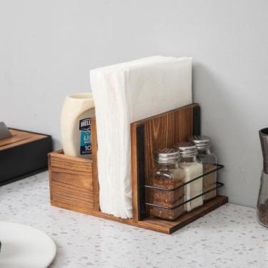 Imagem de Exoliry Organizador de utensílios de cozinha de madeira queimada rústica guardanapo porta-especiarias mesa temperos agitadores lousa etiqueta bancada sal pimenta Caddy madeira cozinha sala de jantar