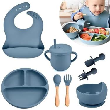 Imagem de Kit Prato Infantil Silicone Copo Talher Babador Tigela (Azul)