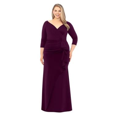 Imagem de Xscape Vestido feminino plus size longo manga 3/4 gola V franzido lateral, Ameixa, 48