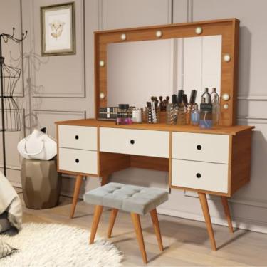Imagem de Penteadeira Camarim Com Banqueta Com Led Espelho Resistente Moderna Decorativa Madeira MDF Maquiagem (Nature/Off White)