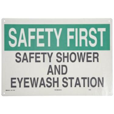 Imagem de Brady 73493 50,8 cm de largura x 35,5 cm de altura B-120 de fibra de vidro premium, sinal de primeiros socorros verde e preto sobre branco, cabeçalho "Safety First", legenda "Safety Shower And Eyewash