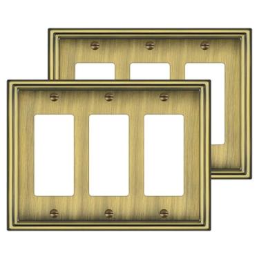 Imagem de Pacote com 2 capas decorativas triplas, placa de parede, placa de interruptor basculante de metal de latão antigo, placa de parede de 3 grupos para receptáculo, tomada GFCI, interruptor de intensidade