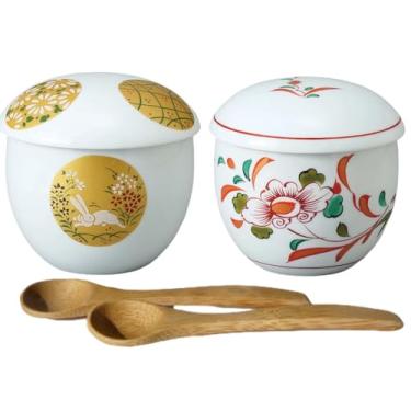 Imagem de Copos japoneses Chawan-mushi com tampa e colher, 8,5 x A 8,5 cm, 13 ml, padrão floral tradicional japonês antigo, Mino Ware, conjunto de 2, do Japão M19389
