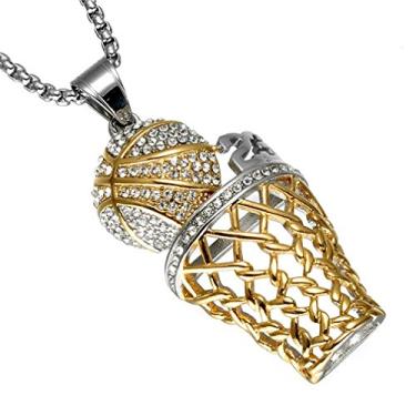 Imagem de SINLEO Colar masculino Hiphop Iced Out Diamante Mini com pingente de aro de basquete Corrente de aço inoxidável