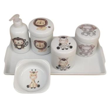 Imagem de Kit higiene bebê Safari 6 peças - bandeja, potes, porta álcool e molha