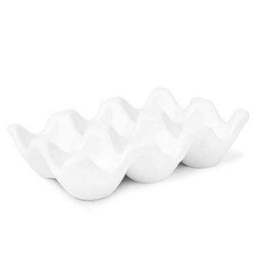 Imagem de Flexzion Suporte de ovos de cerâmica para geladeira – 6 xícaras, bandeja de ovos, meia dúzia de recipientes de porcelana, organizador de armazenamento, prato decorativo de servir para geladeira,