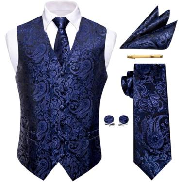 Imagem de YourTies Conjunto de gravata masculina vitoriana de seda Paisley colete formal colete gótico steampunk com lapelas entalhadas, Azul marino, P