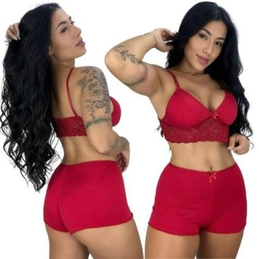 Imagem de Short Doll Feminino Para Dormir Top Cropeed Short Renda Confortável Li