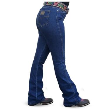 Imagem de Calca Jeans Feminina Cintura Alta Flare Barra Larga Texana Cowboy Cavalgada Rodeio Pura Raca (BR, Numérico, 38, Regular, Regular, Azul Escuro)