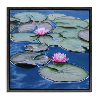 Imagem de Stupell Industries Tela emoldurada Blue Pond Lily Reflection Black Floater Design de arte de parede por Valerie Rogers, 45,7 x 45,7 cm