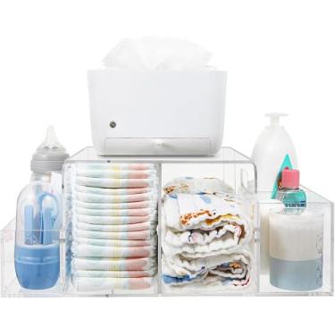 Imagem de Organizador de fraldas de acrílico, organizador de trocador de bebê, organizador de mesa para cômoda com 4 compartimentos removíveis, armazenamento para dispensador de lenços, pés de borracha