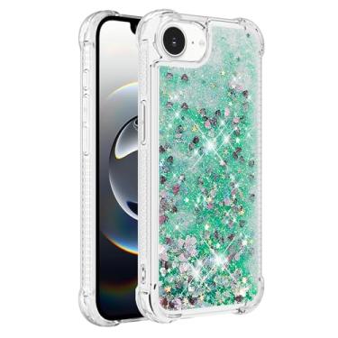 Imagem de Capa de telefone à prova de choque para iPhone 16e com glitter líquido de areia movediça e corações flutuantes, capa de TPU de camada dupla reforçada com 4 cantos, protetor de telefone seguro